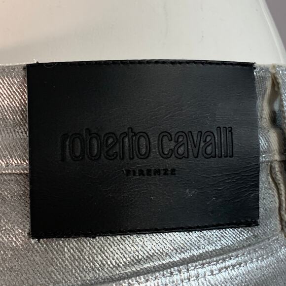 ROBERTO CAVALLI Size 4 Metallic Silver Coated Cotton Blend Skinny Jeans - Picture 3 of 7